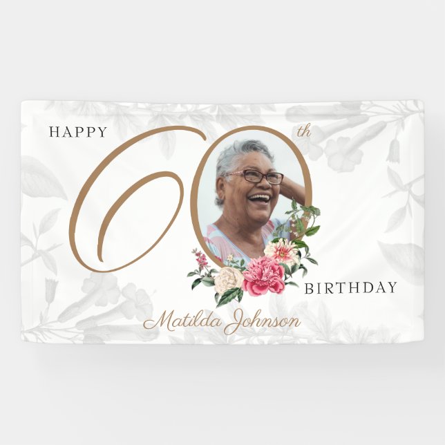 Floral 60th Birthday White Gold Chic Custom Photo Banner (Horizontal)