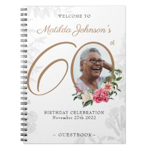 Floral 60th Birthday White Gold Photo Guestbook Notebook