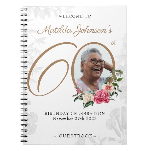 Floral 60th Birthday White Gold Photo Guestbook  Notebook