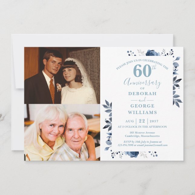 Floral 60th Wedding Anniversary Then & Now 2 Photo Invitation (Front)