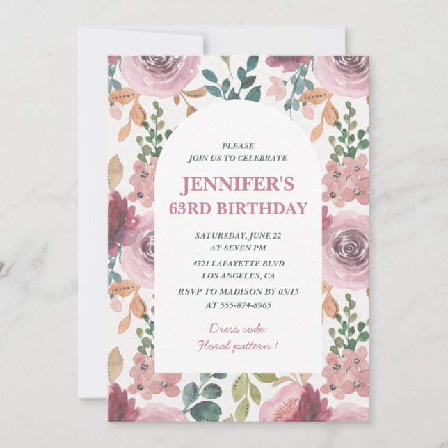 Floral 63rd birthday invitations Chic Watercolor (Front)