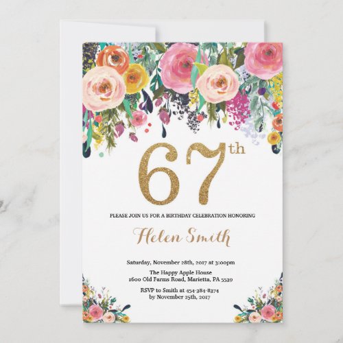 Floral 67th Birthday Invitation Gold Glitter