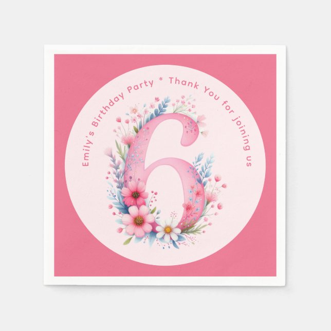 Floral 6th Birthday Custom Six Fairy Princess Napkins (Front)
