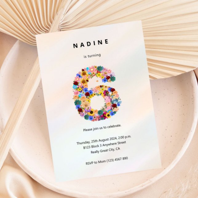 Floral 6th Birthday Invitation Minimalist Flowers (Creator Uploaded)