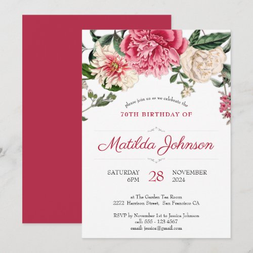 Floral 70th Birthday Botanical Elegant Pink Red Invitation