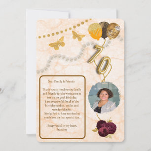 Floral 70th Birthday & Gold Foil Balloon & Message Invitation
