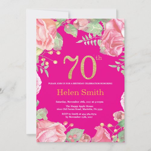 Floral 70th Birthday Gold Glitter and Hot Pink Invitation