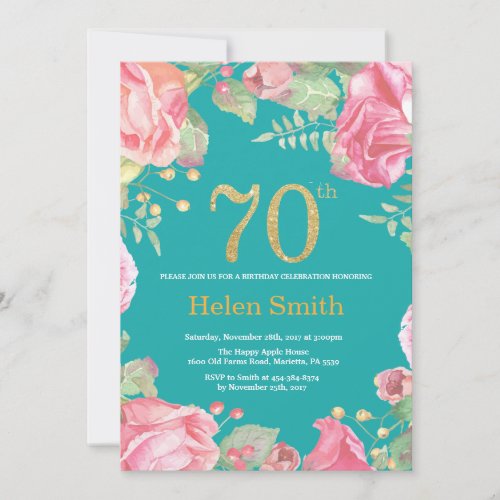 Floral 70th Birthday Gold Glitter and Teal Invitation