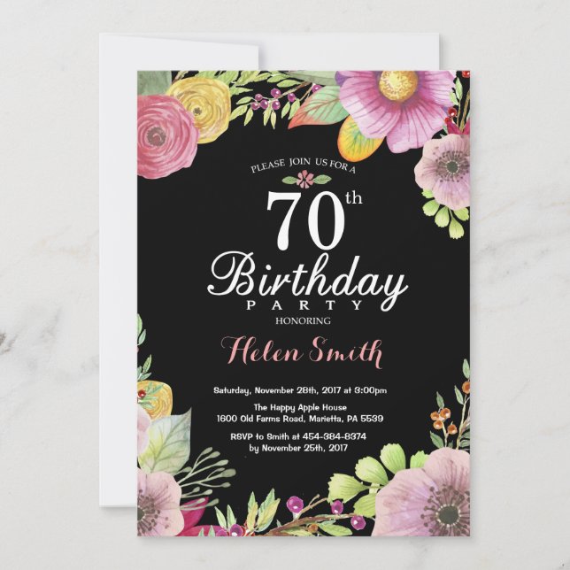 Floral 70th Birthday Invitation for Women (Front)