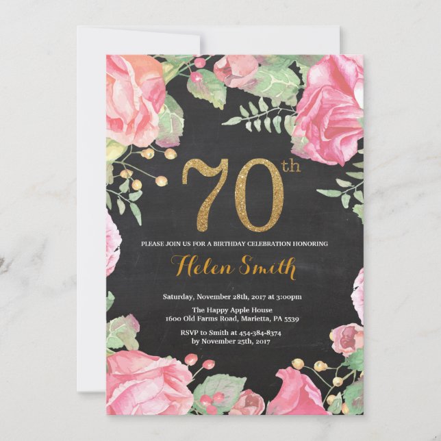 Floral 70th Birthday Invitation Gold Glitter (Front)