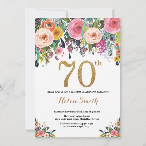 Floral 70th Birthday Invitation Gold Glitter