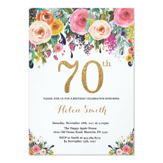 Floral 70th Birthday Invitation Gold Glitter