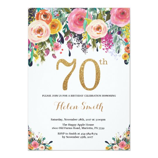 Floral 70th Birthday Invitation Gold Glitter | Zazzle.com