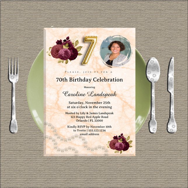 Floral 70th Birthday Party & Gold Foil Balloon    Invitation (Creator Uploaded)