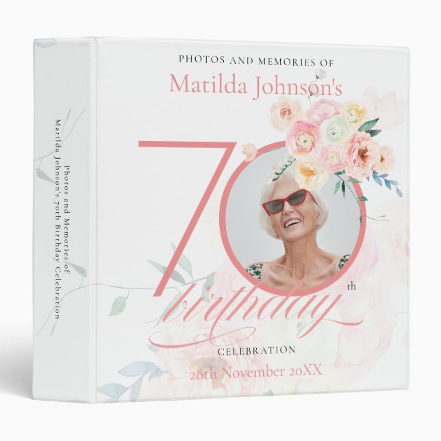 Floral 70th Birthday Party Pink Roses Custom Photo 3 Ring Binder (Front/Spine)
