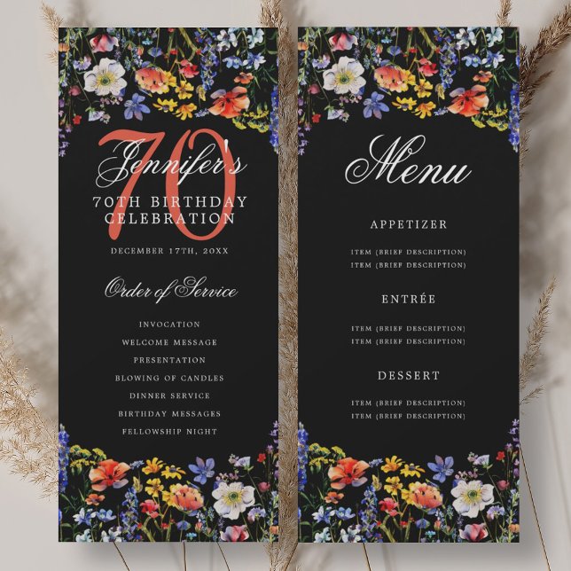 Floral 70th Birthday Party Program Menu Black (Floral 70th Birthday Party Program Menu Black)