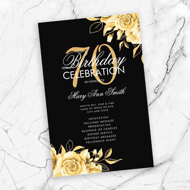Floral 70th Birthday Program Gold & Black w/ Menu Flyer (Creator Uploaded)