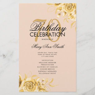 Floral 70th Birthday Program Gold Menu Blush Flyer