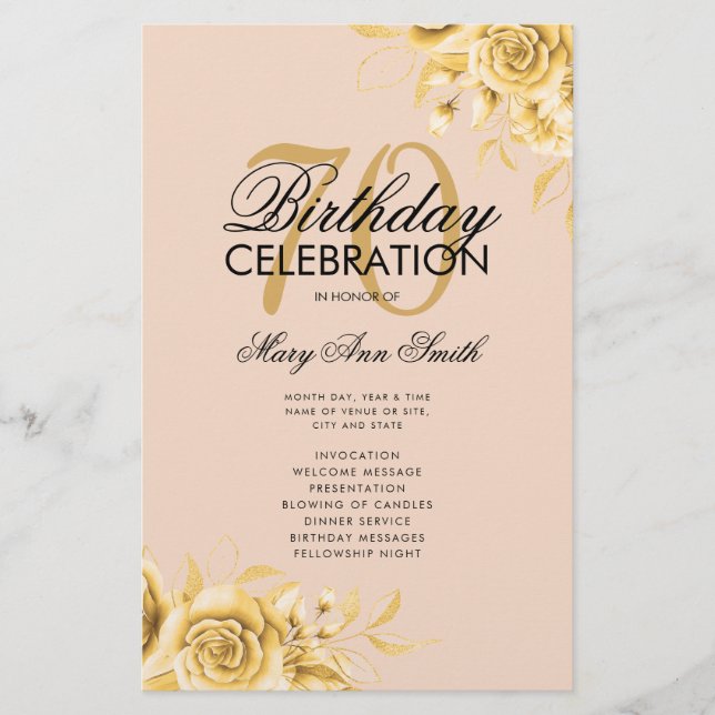 Floral 70th Birthday Program Gold Menu Blush Flyer (Front)
