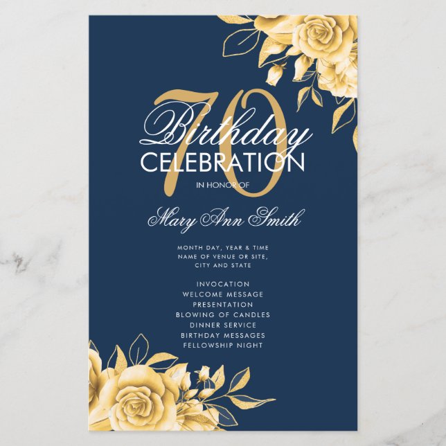Floral 70th Birthday Program Gold & Navy w/ Menu (Front)