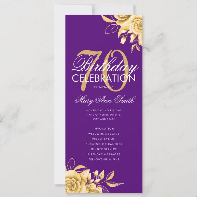 Floral 70th Birthday Program Gold & Purple w/ Menu (Front)