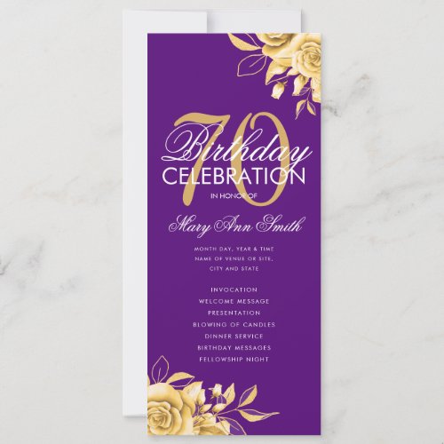 Floral 70th Birthday Program Gold  Purple w Menu