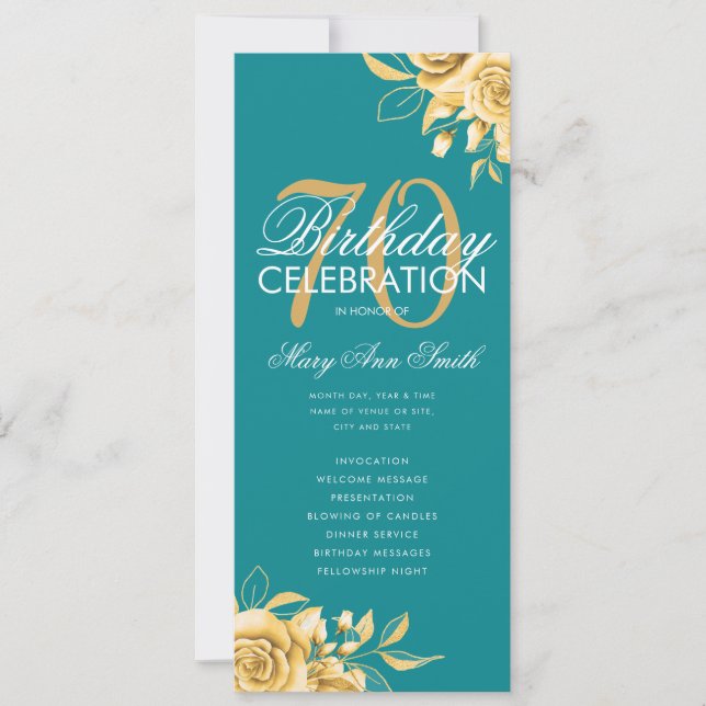 Floral 70th Birthday Program Gold & Teal w/ Menu (Front)