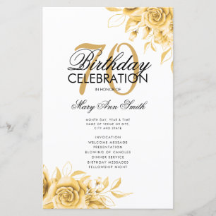 Floral 70th Birthday Program Gold w/ Menu