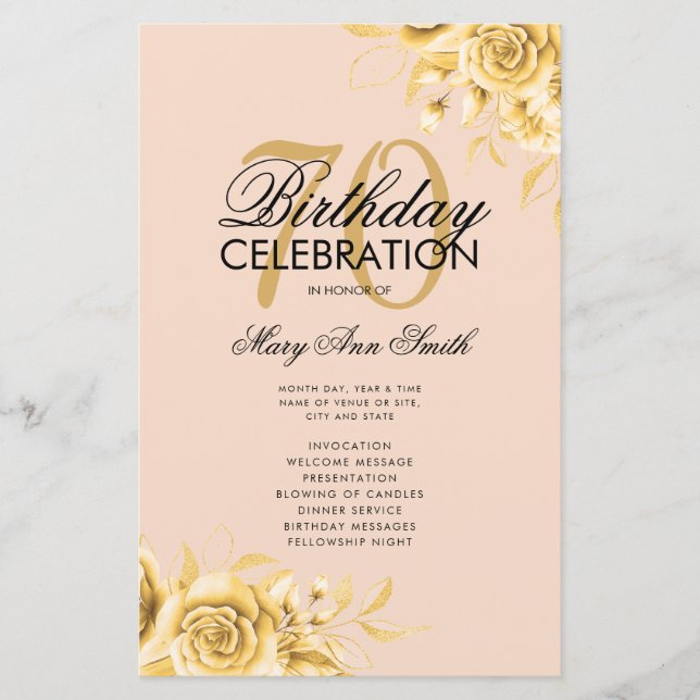 Floral 70th Birthday Program Gold w/ Menu Blush (Front)