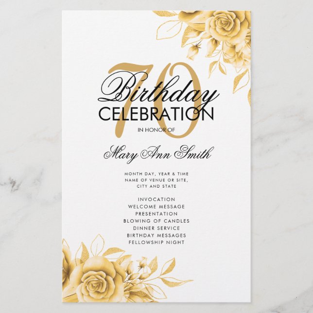 Floral 70th Birthday Program Gold w/ Menu Flyer (Front)
