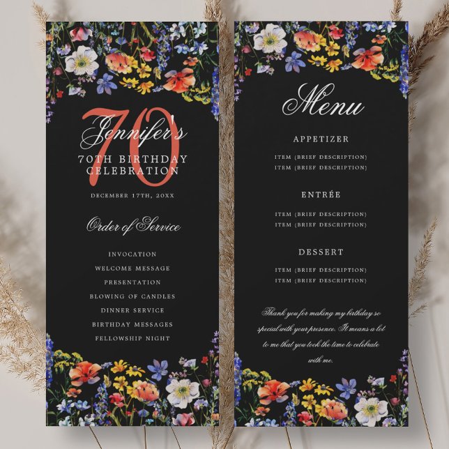 Floral 70th Birthday Program Menu Thank You Black (Floral 70th Birthday Program Menu Thank You Black)