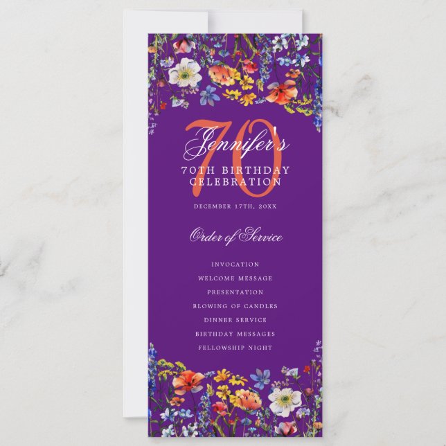 Floral 70th Birthday Program Menu Thank You Purple (Front)