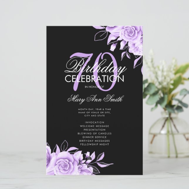 Floral 70th Birthday Program Purple Black w/ Menu (Standing Front)