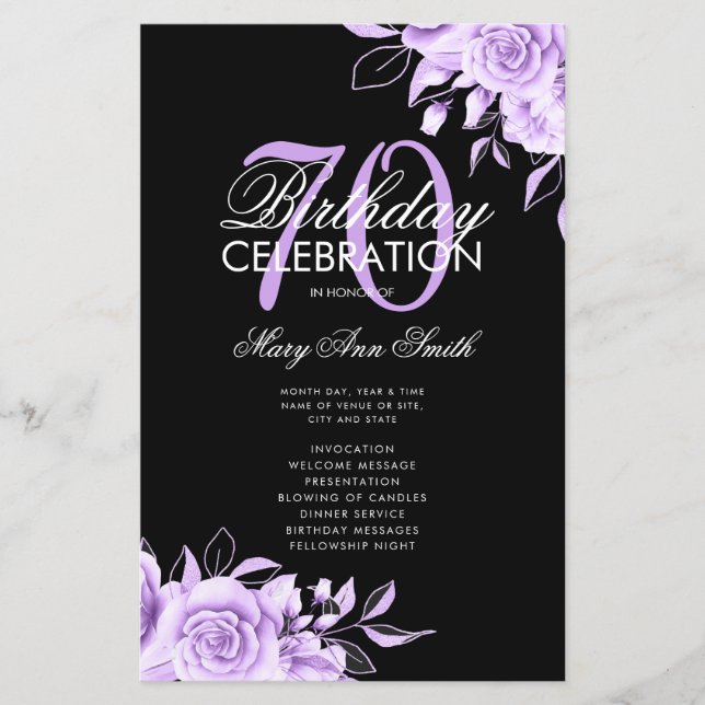 Floral 70th Birthday Program Purple Black w/ Menu (Front)