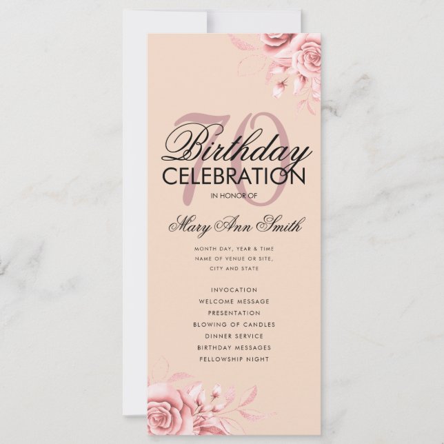 Floral 70th Birthday Program Rose Gold Menu Blush (Front)