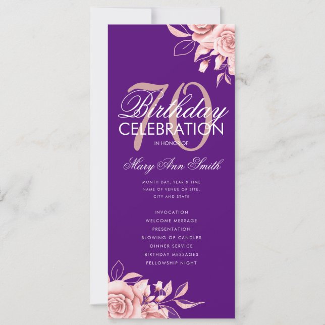 Floral 70th Birthday Program Rose Gold Purple Menu (Front)