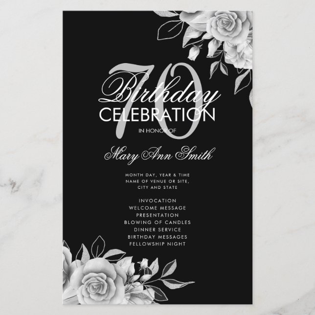 Floral 70th Birthday Program Silver  Black w/ Menu (Front)