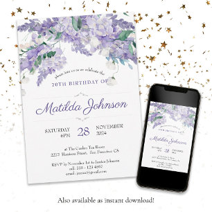 Floral 70th Birthday Purple Watercolor Elegant Invitation