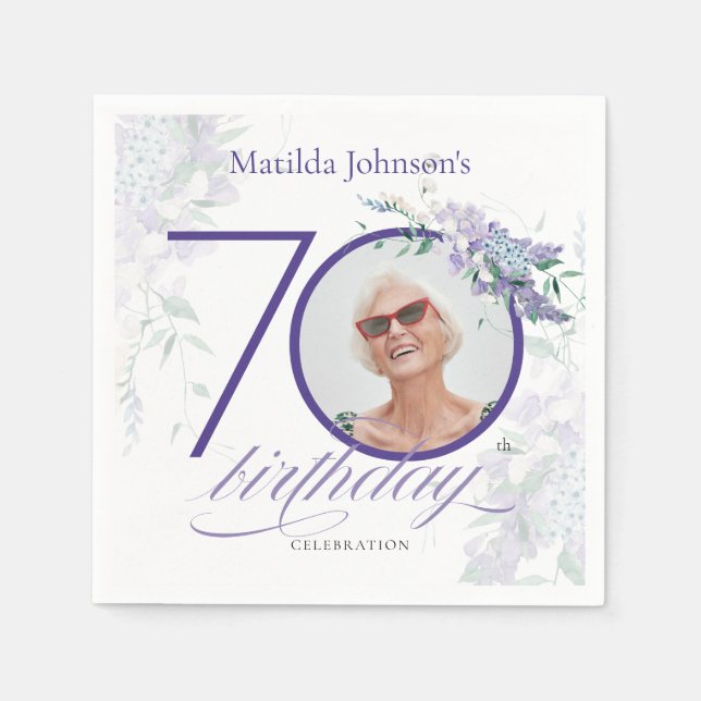 Floral 70th Birthday  Purple Wisteria Custom Photo Napkins (Front)