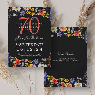 Floral 70th Birthday Save the Date Black Invitation