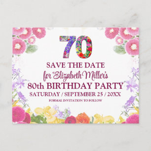 Floral 70th Birthday Save the Date Pink Postcard