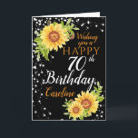 Floral 70th Birthday Sunflower  Card<br><div class="desc">A glamorous Happy birthday age card. This beautiful rustic card features watercolor yellow sunflowers and sting lights all on a black background.. Can be customize for any age and personalized by amending the name and the message inside which currently reads " Happy Birthday, Wishing you a fun-filled fabulous 70th!.". Background...</div>