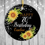 Floral 70th Birthday Sunflower Ceramic Ornament<br><div class="desc">A glamorous Happy birthday age ornament. This beautiful ornament features watercolor yellow  rustic sunflowers and sting lights all on a black background.   Can be customize for any age and personalized by amending the name. Makes an ideal birthday gift for a mother,  mum,  grandma and many others</div>