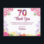 Floral 70th birthday thank you card 70 flower chic<br><div class="desc">Floral 70th birthday thank you postcard 70 flower chic. Show your gratitude in style with this elegant 80th birthday thank you card featuring vibrant floral accents and a heartfelt message. The front of the card displays a large "70" in colorful floral design and the words "Thank You" in a bold...</div>