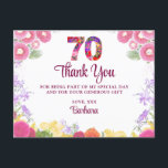 Floral 70th birthday thank you card 70 flower chic<br><div class="desc">Floral 70th birthday thank you postcard 70 flower chic. Show your gratitude in style with this elegant 80th birthday thank you card featuring vibrant floral accents and a heartfelt message. The front of the card displays a large "70" in colorful floral design and the words "Thank You" in a bold...</div>