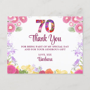 Floral 70th birthday thank you card 70 flower chic