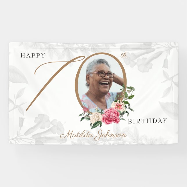 Floral 70th Birthday White Gold Botanical Photo Banner (Horizontal)