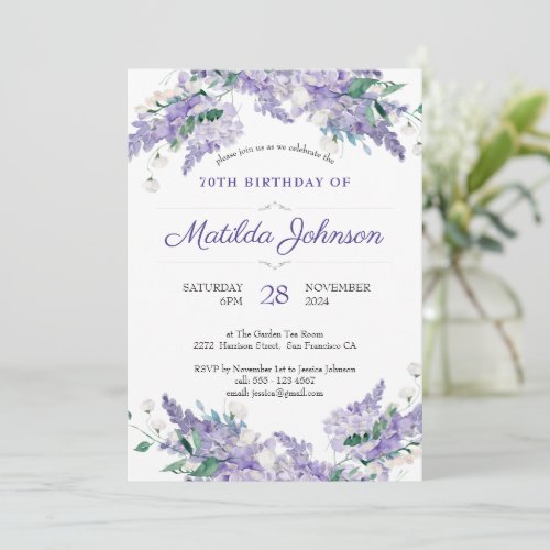 Floral 70th Birthday Wisteria Classy Purple Custom Invitation