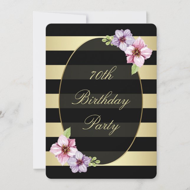 Floral 70th | Horizontal Black Gold Stripes Invitation (Front)