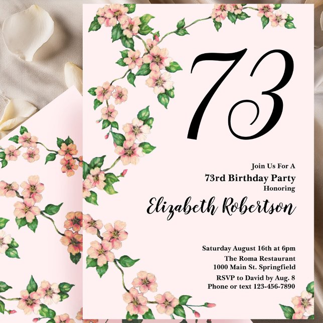 Floral 73rd Birthday Invitation in Blush Pink (Creator Uploaded)